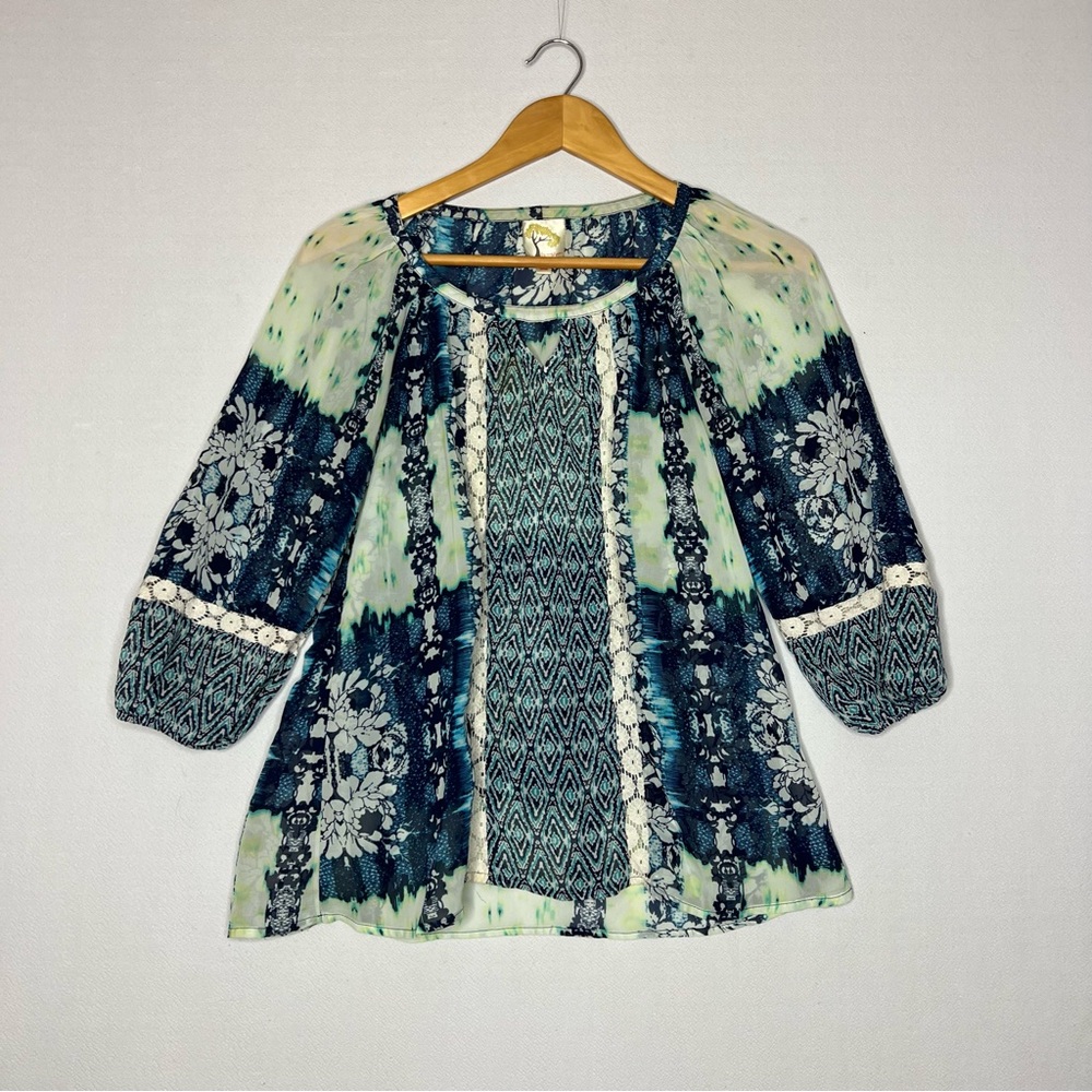 Fig Flower Blue Sheer Floral Balloon Sleeve Chic Women’s Blouse Anthropologie S